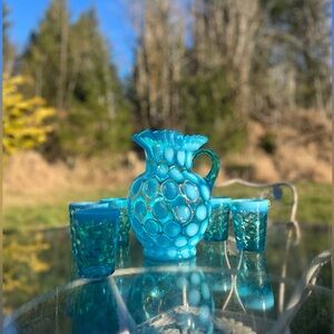 1940s Fenton blue opalescent Coin Spot Dot drinking set